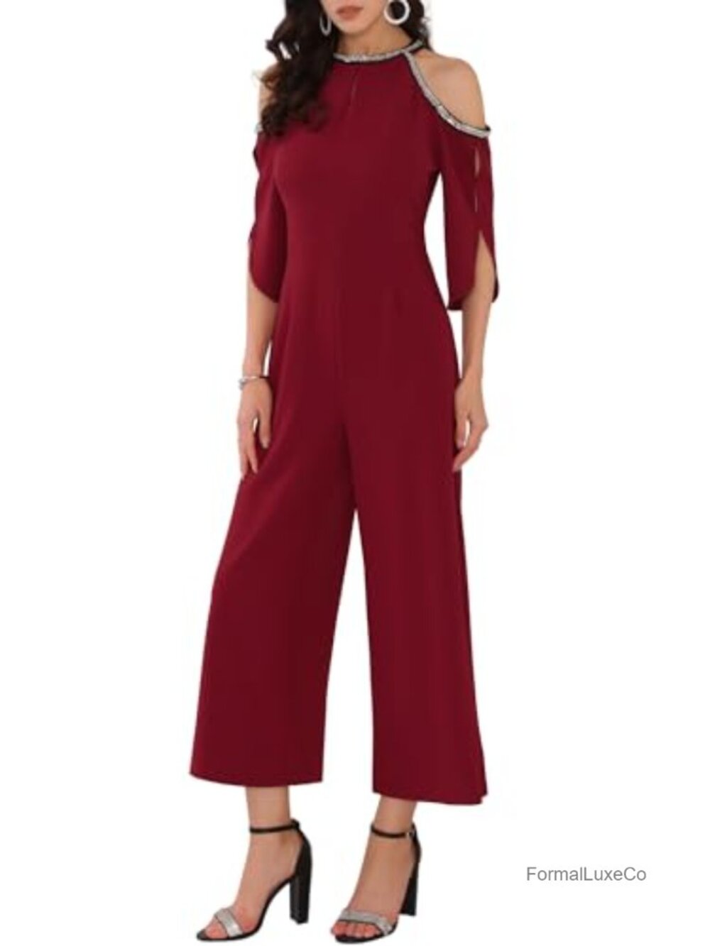 Wide Leg Formal Jumpsuit Cold Shoulder Split Sleeve Sequin Dressy